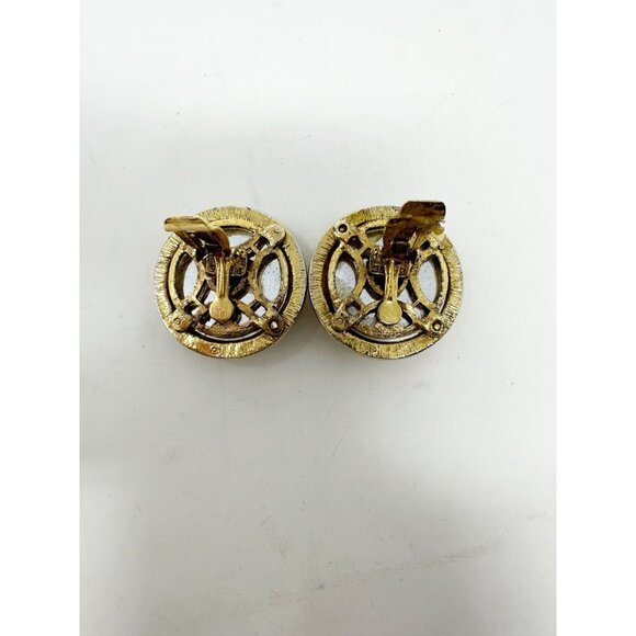 Pierre Balmain Vintage 1970s Cross Round Clip On Earrings Gold Tone White Stone - Picture 4 of 5
